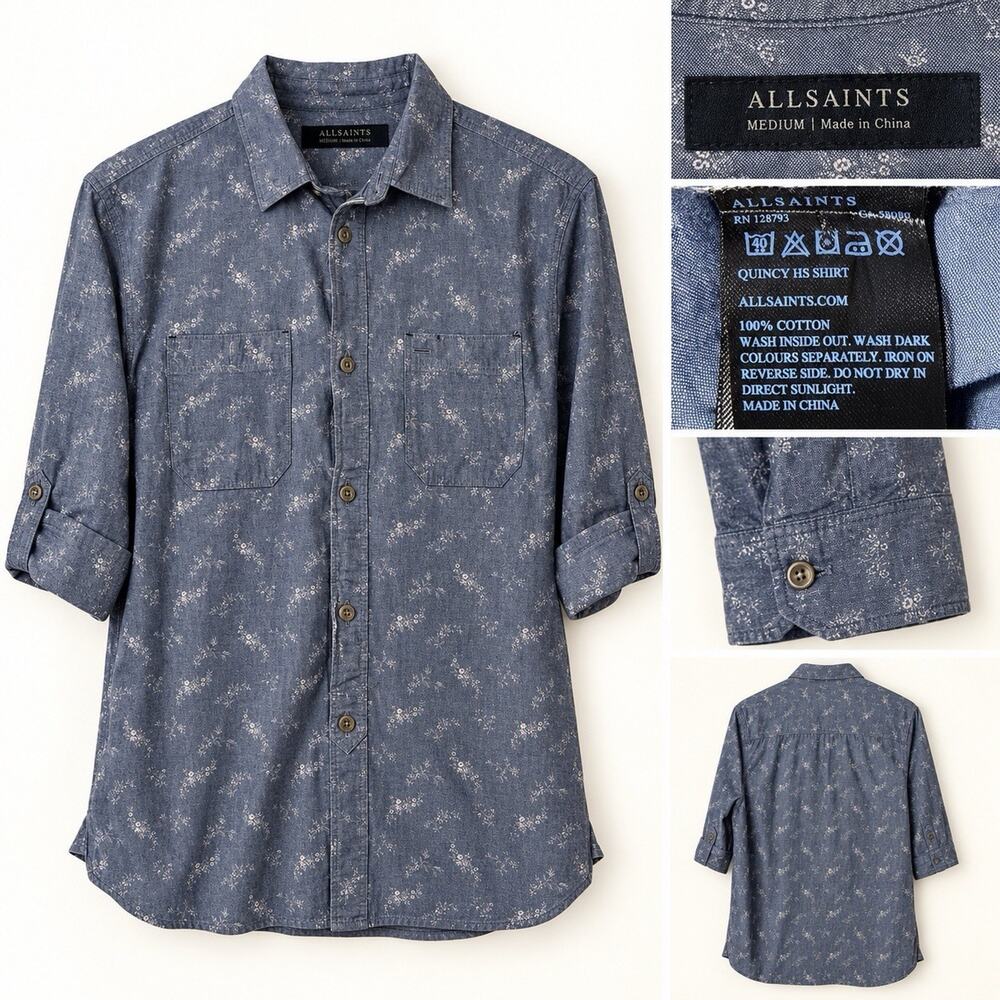 AllSaints Quincey HS Shirt Sl Blue Grey Floral Print 100% Cotton Button Down